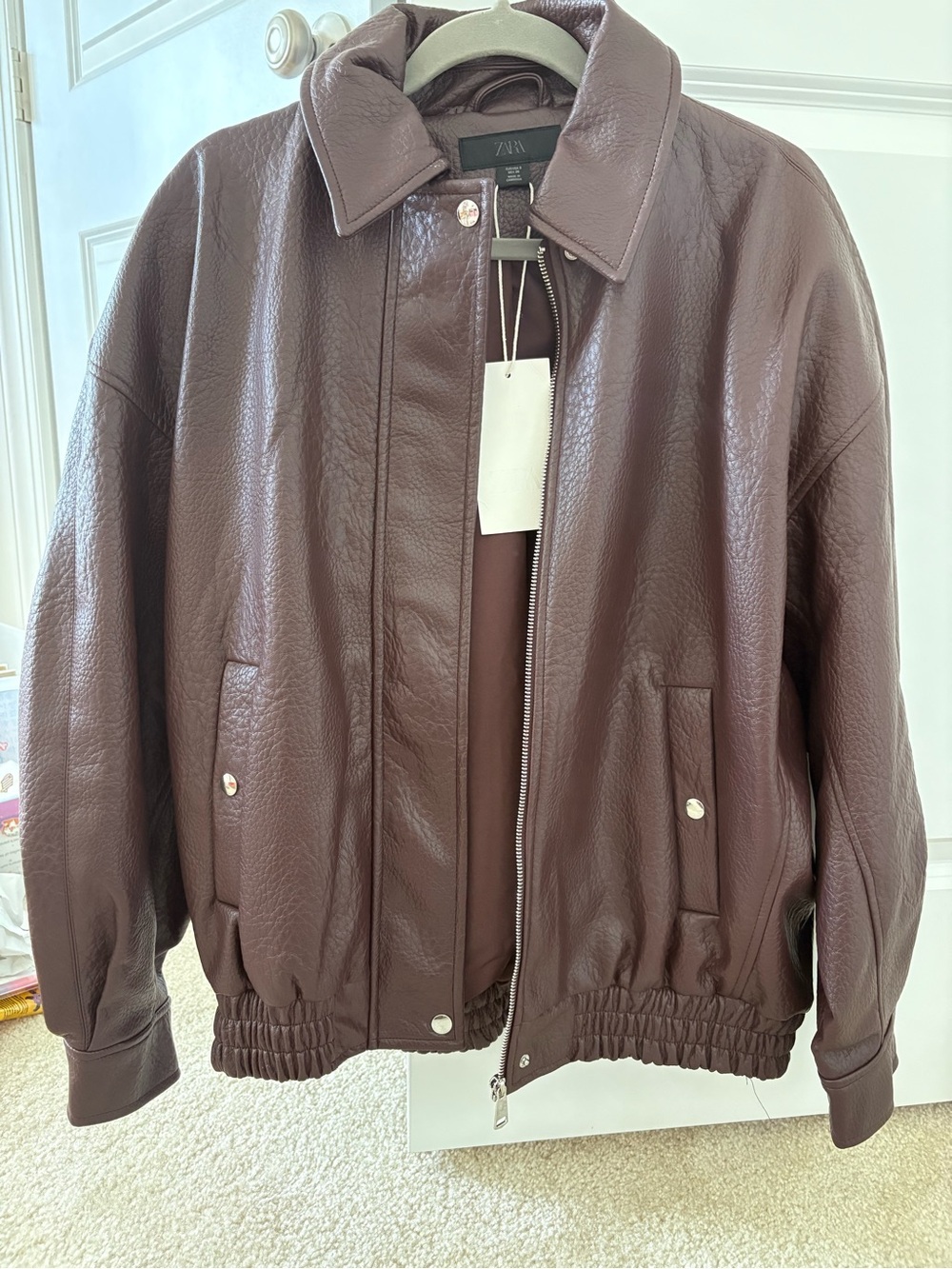 Zara Burgundy Faux leather Bomber Jacket Oversized